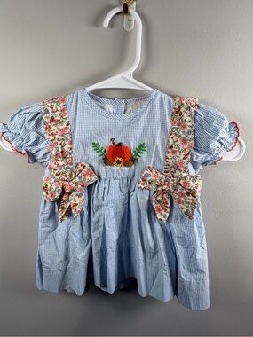 Babeeni French Knot Pumpkin Appliqué Girls' Halloween Dress Blue/White Sz 6m NWT